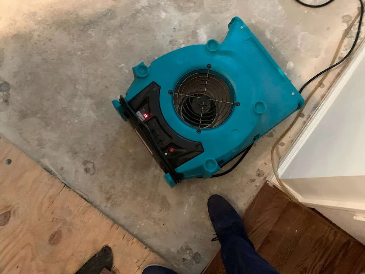 Air mover drying subfloor during Commercial Water Damage Restoration in New Kensington